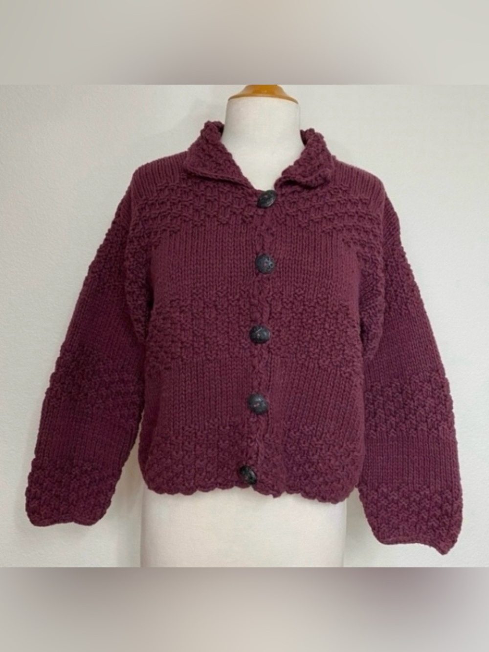 Vintage Women's Rico Plum Cotton Crochet Knit Button Boxy Chunky Cardigan Size L